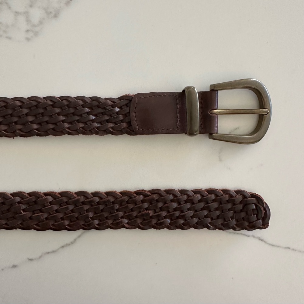 Vintage Braided Woven Leather Belt Darkened Brass Tone Buckle Dark Brown Medium